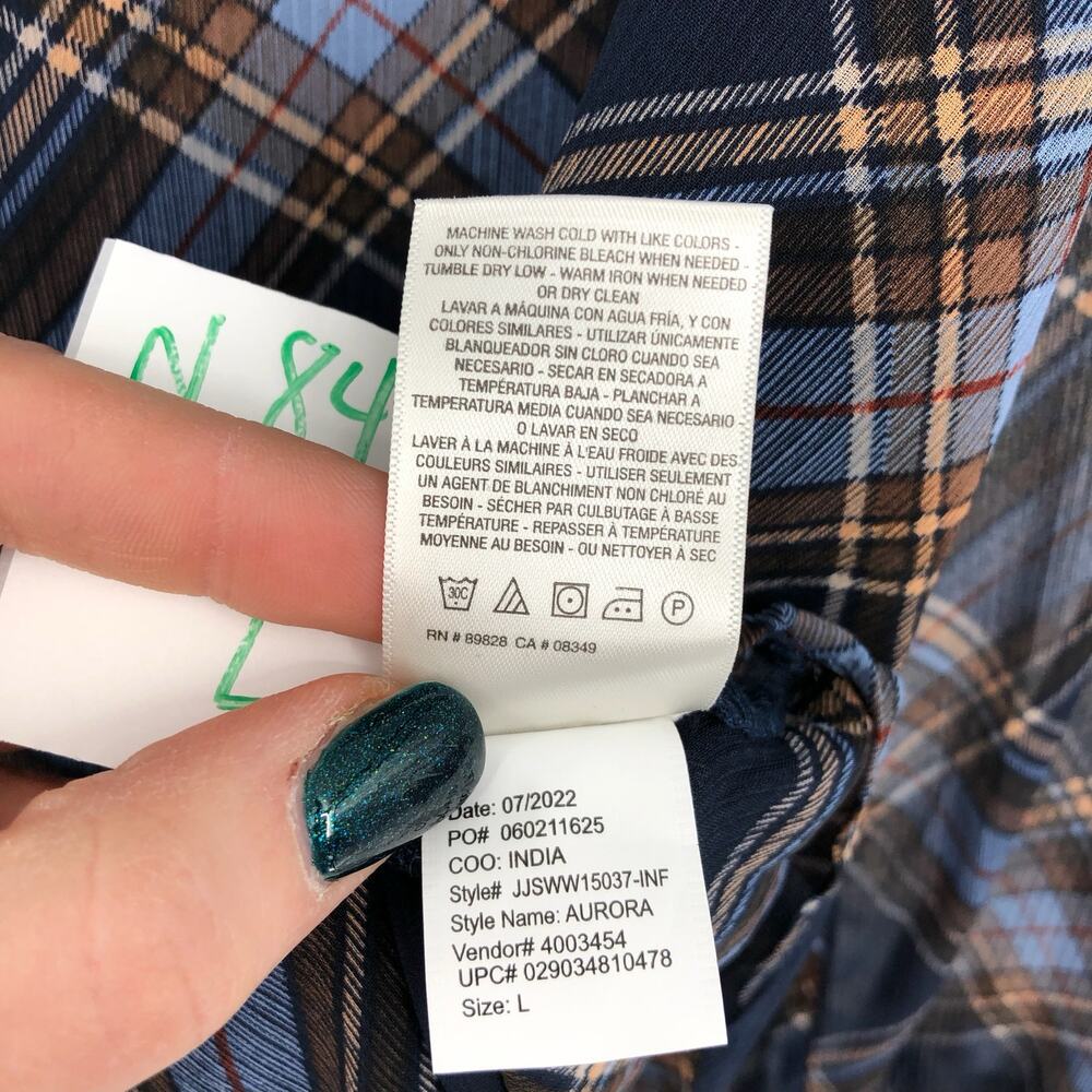 Jessica Simpson Womens Aurora Blouse Large Blue Plaid Long Sleeve V Neck NWT - Picture 11 of 11